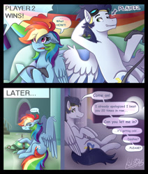 Size: 1950x2300 | Tagged: safe, artist:kikirdcz, imported from derpibooru, rainbow dash, soarin', tank, pony, ..., 30 day otp challenge, cross-popping veins, female, male, night, rainbow dash's house, shipping, sleeping, soarindash, sore loser, straight, video game