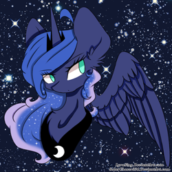 Size: 1024x1024 | Tagged: safe, artist:lyrasing, artist:solarchaser334, imported from derpibooru, princess luna, collaboration, ear fluff, female, portrait, solo, space