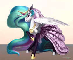 Size: 1280x1060 | Tagged: safe, artist:oneofyouare, imported from derpibooru, princess celestia, clothes, dress, female, lipstick, solo, spread wings, stockings