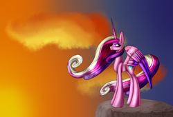 Size: 2500x1700 | Tagged: safe, artist:midlstrit, deleted from derpibooru, imported from derpibooru, princess cadance, dawn, solo, spread wings