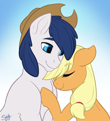 Size: 1280x1417 | Tagged: safe, artist:skjolty, imported from derpibooru, applejack, oc, oc:constance everheart, canon x oc, everjack, eyes closed, neck nuzzle, not elusive, not rarity, not rule 63, nuzzling, shipping