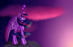 Size: 2300x1500 | Tagged: safe, artist:midlstrit, deleted from derpibooru, imported from derpibooru, twilight sparkle, alicorn, pony, rock, solo, spread wings, stars, twilight (astronomy), twilight sparkle (alicorn), windswept mane