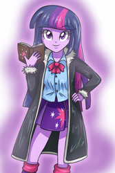 Size: 2219x3312 | Tagged: safe, artist:sumin6301, imported from derpibooru, twilight sparkle, equestria girls, chrollo lucilfer, clothes, coat, crossover, cute, female, hunter x hunter, pleated skirt, skirt, smiling, solo, spellbook, twiabetes, twilight sparkle (alicorn)