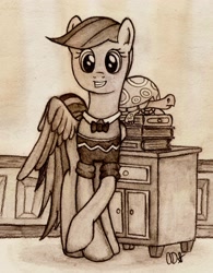 Size: 2715x3488 | Tagged: safe, artist:artofcanterlot, imported from derpibooru, rainbow dash, tank, book, cabinet, clothes, egghead, monochrome, sepia, traditional art, wardrobe