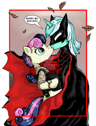 Size: 1024x1336 | Tagged: safe, artist:leomitchell, artist:oreopata, imported from derpibooru, bon bon, lyra heartstrings, sweetie drops, pony, batman, batwoman, crossover, female, lesbian, lyrabon, maggie sawyer, mare, parody, shipping