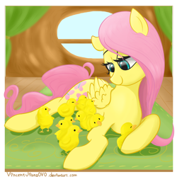 Size: 1024x1024 | Tagged: safe, artist:vincentjiang0v0, imported from derpibooru, fluttershy, chick, chicks, female, floppy ears, prone, smiling, solo