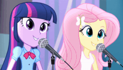 Size: 540x308 | Tagged: safe, imported from derpibooru, screencap, fluttershy, twilight sparkle, equestria girls, rainbow rocks, animated, cute, female, headbob