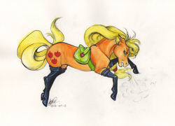 Size: 1024x736 | Tagged: safe, artist:sagastuff94, imported from derpibooru, applejack, horse, female, fireproof boots, gritted teeth, saddle bag, snorting, solo, traditional art