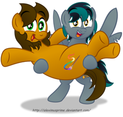 Size: 1024x974 | Tagged: safe, artist:aleximusprime, imported from derpibooru, oc, oc only, oc:alex the chubby pony, oc:blackgryph0n, pony, bipedal, holding a pony, open mouth, simple background, transparent background