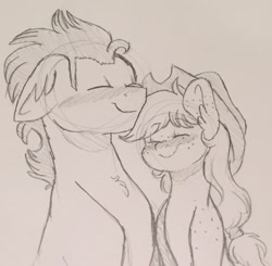 Size: 1189x1167 | Tagged: safe, artist:artistcoolpony, imported from derpibooru, applejack, soarin', pony, blushing, ear fluff, eyes closed, female, floppy ears, male, monochrome, nuzzling, pencil drawing, shipping, smiling, soarinjack, straight, traditional art