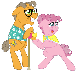 Size: 2688x2560 | Tagged: safe, artist:crazynutbob, imported from derpibooru, cheese sandwich, pinkie pie, pony, balding, bipedal, bipedal leaning, cane, cheesepie, cute, daaaaaaaaaaaw, elderly, female, hair bun, leaning, male, old, older, shipping, simple background, straight, transparent background