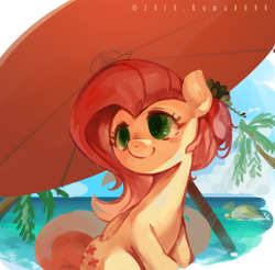 Size: 708x698 | Tagged: safe, artist:kuma8696, imported from derpibooru, fluttershy, pegasus, pony, alternate hairstyle, beach, beach umbrella, cloud, female, mare, ocean, palm tree, sand, sky, smiling, solo, tree, umbrella, water