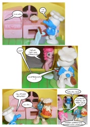 Size: 793x1122 | Tagged: safe, imported from derpibooru, pinkie pie, comic:visitas a la aldea pitufa, cake, chef smurf, comic, crossover, food, greedy smurf, smurf village, smurfs, spanish, stealing