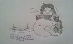 Size: 2560x1536 | Tagged: safe, artist:chromchill12, imported from derpibooru, oc, oc only, oc:flamespitter, belly, belly button, birthday, cake, chubby, fat, female, food, monochrome, solo, stuffing, traditional art