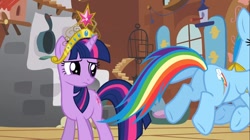 Size: 1100x618 | Tagged: safe, imported from derpibooru, screencap, rainbow dash, twilight sparkle, pony, keep calm and flutter on, big crown thingy, butt, eyes on the prize, female, jewelry, looking at butt, mare, plot, regalia