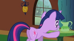 Size: 1100x618 | Tagged: safe, imported from derpibooru, screencap, twilight sparkle, pony, unicorn, a bird in the hoof, season 1, butt, female, frown, jug, lamp, looking at something, mare, open mouth, plot, solo, table, twibutt, unicorn twilight, window