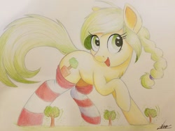 Size: 1280x960 | Tagged: safe, artist:ncmares, imported from derpibooru, oc, oc only, oc:sequoia, pony, clothes, cute, giant pony, macro, open mouth, raised hoof, rumbling, shaking, signature, socks, solo, striped socks, traditional art, tree