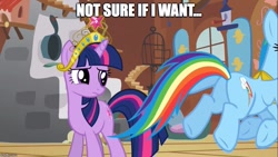 Size: 889x500 | Tagged: safe, edit, edited screencap, imported from derpibooru, screencap, rainbow dash, twilight sparkle, pony, keep calm and flutter on, big crown thingy, butt, caption, element of loyalty, element of magic, female, image macro, jewelry, lesbian, mare, meme, not sure if want, plot, regalia, shipping, twidash