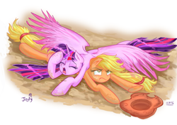 Size: 1116x786 | Tagged: safe, artist:jowyb, artist:jowybean, imported from derpibooru, applejack, twilight sparkle, alicorn, earth pony, pony, twijack weekly, annoyed, crash, crash landing, crashlight, female, lesbian, mare, pain, prone, shipping, spread wings, twijack, twilight sparkle (alicorn), wings