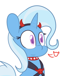 Size: 909x945 | Tagged: safe, artist:mr-degration, imported from derpibooru, trixie, pony, unicorn, clothes, collar, costume, cute, devil horns, diatrixes, female, mare, simple background, solo, white background