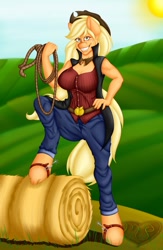 Size: 835x1280 | Tagged: safe, artist:manestreamstudios, imported from derpibooru, applejack, anthro, unguligrade anthro, big breasts, breasts, busty applejack, clothes, female, grin, hay bale, jeans, lasso, looking at you, pants, shirt, smiling, solo, spurs