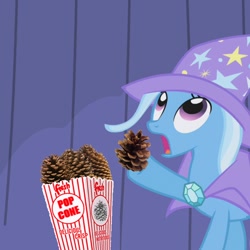 Size: 720x720 | Tagged: safe, edit, edited screencap, imported from derpibooru, screencap, trixie, pony, unicorn, female, mare, pinecone, solo, trixie eating pinecones