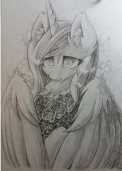 Size: 675x945 | Tagged: safe, artist:sapphfyr, imported from derpibooru, princess cadance, female, monochrome, solo, traditional art