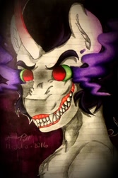 Size: 730x1094 | Tagged: safe, artist:joker-puff, imported from derpibooru, king sombra, dark magic, evil grin, lined paper, magic, male, nightmare fuel, solo, traditional art