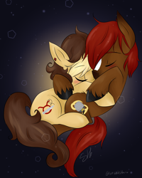 Size: 2000x2500 | Tagged: safe, artist:scribblesdesu, imported from derpibooru, oc, oc only, oc:golden heart, oc:scribbles heart, earth pony, blushing, cuddling, earth pony oc, eyes closed, hug, oc x oc, scriden, shipping, snuggling