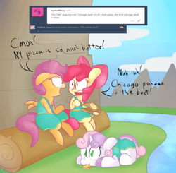 Size: 1280x1253 | Tagged: safe, artist:mr-degration, imported from derpibooru, apple bloom, scootaloo, sweetie belle, argument, ask, cheerleader, chest fluff, clothes, cute, cutie mark crusaders, dialogue, diasweetes, dress, eye contact, floppy ears, food, glare, gritted teeth, looking at you, nom, open mouth, pizza, prone, sitting, skirt, skirtaloo, tumblr, wide eyes