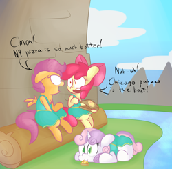 Size: 1280x1253 | Tagged: safe, artist:mr-degration, imported from derpibooru, apple bloom, scootaloo, sweetie belle, argument, cheerleader, chest fluff, clothes, cute, cutie mark crusaders, dialogue, diasweetes, dress, eye contact, floppy ears, food, glare, gritted teeth, looking at you, nom, open mouth, pizza, prone, sitting, skirt, skirtaloo, wide eyes