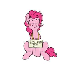 Size: 1200x1096 | Tagged: safe, anonymous artist, artist:trickydick, color edit, edit, imported from derpibooru, pinkie pie, earth pony, pony, blatant lies, blush sticker, blushing, colored, cute, diapinkes, eyes closed, female, happy, pony pet, pony shaming, sign, simple background, sitting, smiling, solo, warning, white background