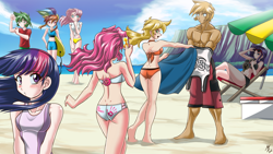 Size: 2600x1463 | Tagged: safe, artist:mauroz, imported from derpibooru, applejack, big macintosh, fluttershy, pinkie pie, rainbow dash, rarity, spike, twilight sparkle, human, abs, anime, anime style, armpits, ass, barefoot, beach, beach umbrella, belly button, bicolor swimsuit, bikini, black swimsuit, blonde hair, blue eyes, blue swimsuit, blushing, board shorts, breasts, butt, cliff, clothes, cloud, crossed legs, embarrassed, feet, female, flexing, freckles, front knot midriff, green eyes, green hair, hand on hip, hand on mouth, human coloration, humanized, jersey, magazine, mane six, midriff, multicolored hair, ocean, one-piece swimsuit, open mouth, orange swimsuit, outdoors, phone, pink eyes, pink hair, pouting, purple hair, purple swimsuit, rainbow hair, rear view, sand, shade, shiny skin, shirt, shorts, sideboob, signature, sitting, smartphone, sports shorts, summer, sunglasses, surfboard, swim trunks, swimming trunks, swimsuit, t-shirt, tankini, topless, turquoise eyes, umbrella, water, white swimsuit, yellow swimsuit