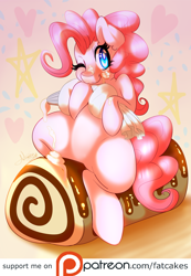 Size: 1280x1847 | Tagged: safe, artist:fatcakes, imported from derpibooru, pinkie pie, earth pony, pony, candy, female, food, frosting, one eye closed, patreon, patreon logo, solo, sweets, tongue out, wink