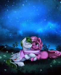 Size: 2790x3401 | Tagged: safe, artist:pridark, imported from derpibooru, oc, oc only, clothes, commission, cute, eyes closed, female, flower, imminent kissing, male, meadow, night sky, scarf, shared clothing, shared scarf, shipping, stars, straight