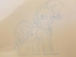 Size: 1280x960 | Tagged: safe, artist:ncmares, imported from derpibooru, rarity, filli vanilli, clothes, female, lineart, ponytones outfit, signature, solo, traditional art