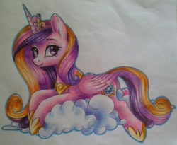 Size: 940x772 | Tagged: safe, artist:liza-jack, imported from derpibooru, princess cadance, alicorn, pony, cloud, female, looking at you, mare, prone, solo, traditional art