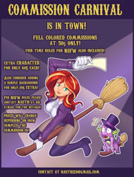 Size: 1280x1680 | Tagged: safe, artist:nauth, imported from derpibooru, spike, sunset shimmer, human, commission, commission info, female, flying broomstick, humanized, magician, male