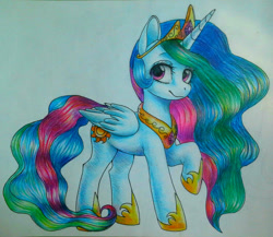 Size: 1052x914 | Tagged: safe, artist:liza-jack, imported from derpibooru, princess celestia, cute, cutelestia, female, looking at you, raised hoof, simple background, solo, traditional art
