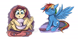 Size: 1920x1000 | Tagged: safe, artist:miokomata, imported from derpibooru, fluttershy, rainbow dash, bowl, covering, cute, dashabetes, duo, open mouth, signature, sitting, smiling, waiting