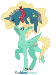 Size: 1024x1379 | Tagged: safe, artist:superrosey16, imported from derpibooru, fashion plate, zephyr breeze, pegasus, pony, unicorn, duo, fashionbreeze, gay, levitation, magic, male, neckerchief, self-levitation, shipping, simple background, stallion, telekinesis, transparent background, watermark