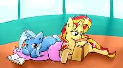 Size: 4972x2771 | Tagged: safe, artist:katrina-mae, imported from derpibooru, sunset shimmer, trixie, pony, unicorn, book, counterparts, duo, mastery obsessors, pillow, prone, reading, twilight's counterparts