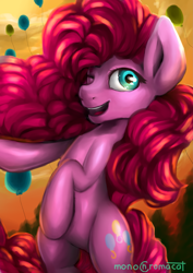 Size: 2507x3541 | Tagged: safe, artist:monochromacat, imported from derpibooru, pinkie pie, earth pony, pony, balloon, bipedal, female, one eye closed, solo, wink