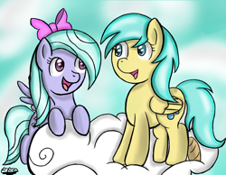 Size: 1420x1100 | Tagged: safe, artist:freefraq, imported from derpibooru, flitter, sunshower raindrops, pony, cloud, duo