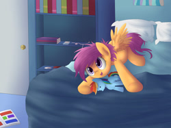 Size: 1960x1465 | Tagged: safe, artist:vanillaghosties, imported from derpibooru, rainbow dash, scootaloo, pegasus, pony, bed, book, bookshelf, comic book, cute, cutealoo, female, filly, foal, lying down, open mouth, open smile, pillow, plushie, prone, rainbow dash plushie, shelf, smiling, solo, spread wings, wings