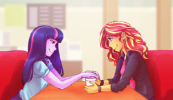 Size: 2085x1207 | Tagged: safe, artist:overlordneon, imported from derpibooru, sunset shimmer, twilight sparkle, equestria girls, friendship games, clothes, coffee, deleted scene, duo, female, lesbian, looking at each other, scene interpretation, shipping, smiling, sunsetsparkle, twilight sparkle (alicorn)