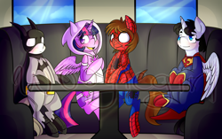 Size: 2550x1600 | Tagged: safe, artist:woogiegirl, imported from derpibooru, twilight sparkle, alicorn, pony, amethyst sorceress, batman, cafe, clothes, costume, crossover, how it should have ended, ponified, spider-man, super café, superhero, superman, twilight sparkle (alicorn), watermark