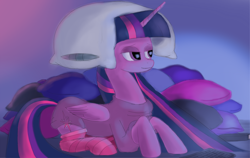 Size: 5000x3157 | Tagged: safe, artist:gentleshy, imported from derpibooru, twilight sparkle, alicorn, pony, clothes, female, on head, pillow, pillow hat, prone, shirt, socks, solo, striped socks, twilight sparkle (alicorn)