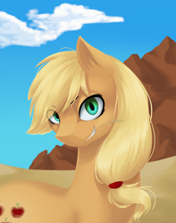 Size: 1500x1900 | Tagged: safe, artist:hashaskyk11, imported from derpibooru, applejack, female, grin, hatless, missing accessory, rock, smiling, solo, straw