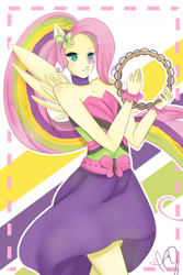 Size: 1200x1800 | Tagged: safe, artist:fangthecupcakeninjaa, imported from derpibooru, fluttershy, equestria girls, rainbow rocks, bad anatomy, cuffs (clothes), female, musical instrument, ponied up, small head, solo, tambourine